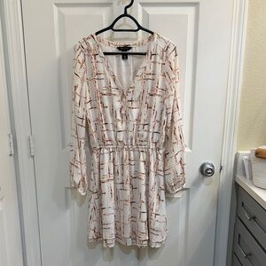 White House Black Market Cream and Brown Patterned Long Sleeve Dress